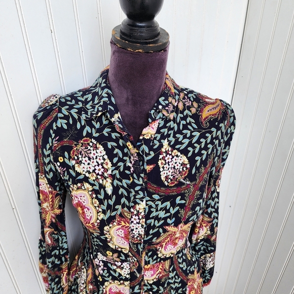 LOFT Black Colorful Floral Long Puff Sleeve Button-Down Sheath Dress Petite 2P - Picture 2 of 14